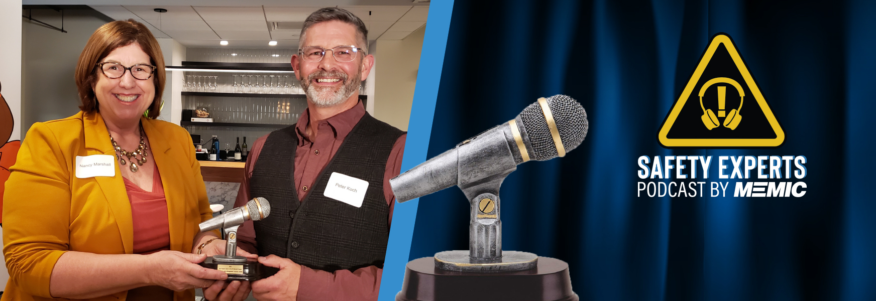 Peter Koch accepting Golden Microphone award from Nancy Marshall of The PR MavenĀ® podcast