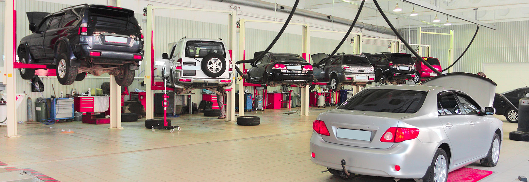 Garage with a line of cars on lifts