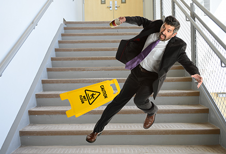 Man falling down wet stairs