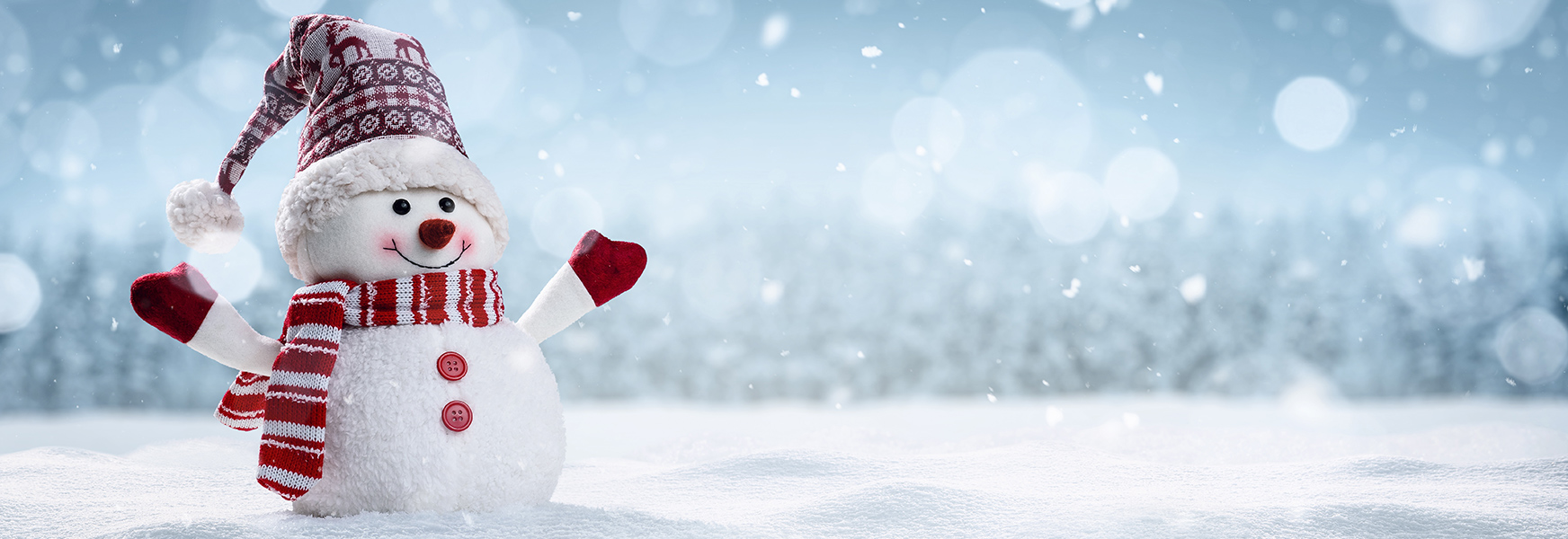 Happy snowman with hat, scarf, and gloves standing in a snowy field