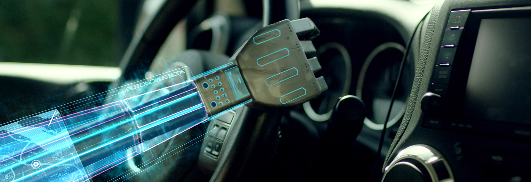 Robot holding car steering wheel