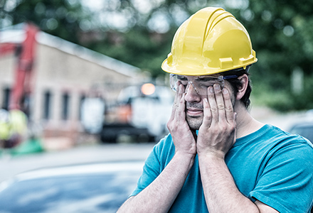 Drowsy Construction Worker Rubs Eyes