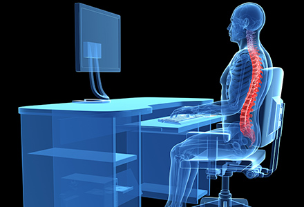 3D render illustrating back pain caused by improper ergonomics