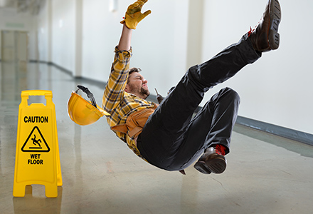 Worker slipping on wet floor