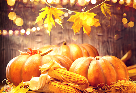 Pumpkins, corn, and leaves on display in front of a wooden background with decorative lights