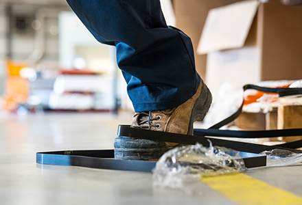 Factory worker's boot tripping over trash