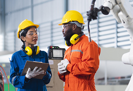 Workers wearing safety equipment having a conversation on factory production floor