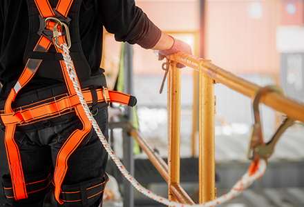 Construction worker wearing safety harness