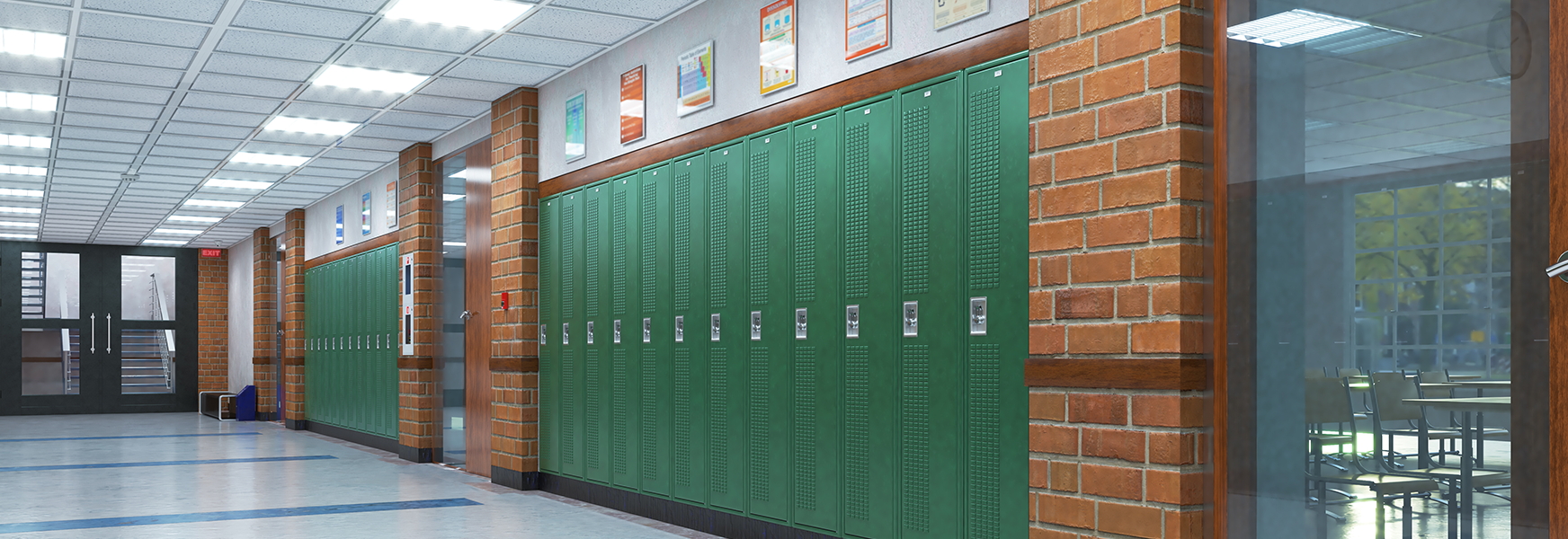 Empty school hallway with green lockers