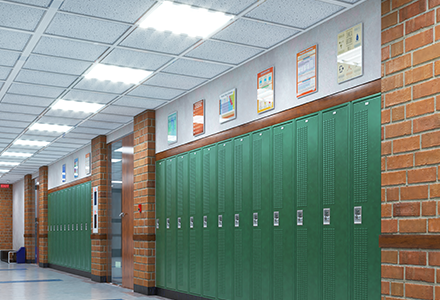Empty school hallway with green lockers