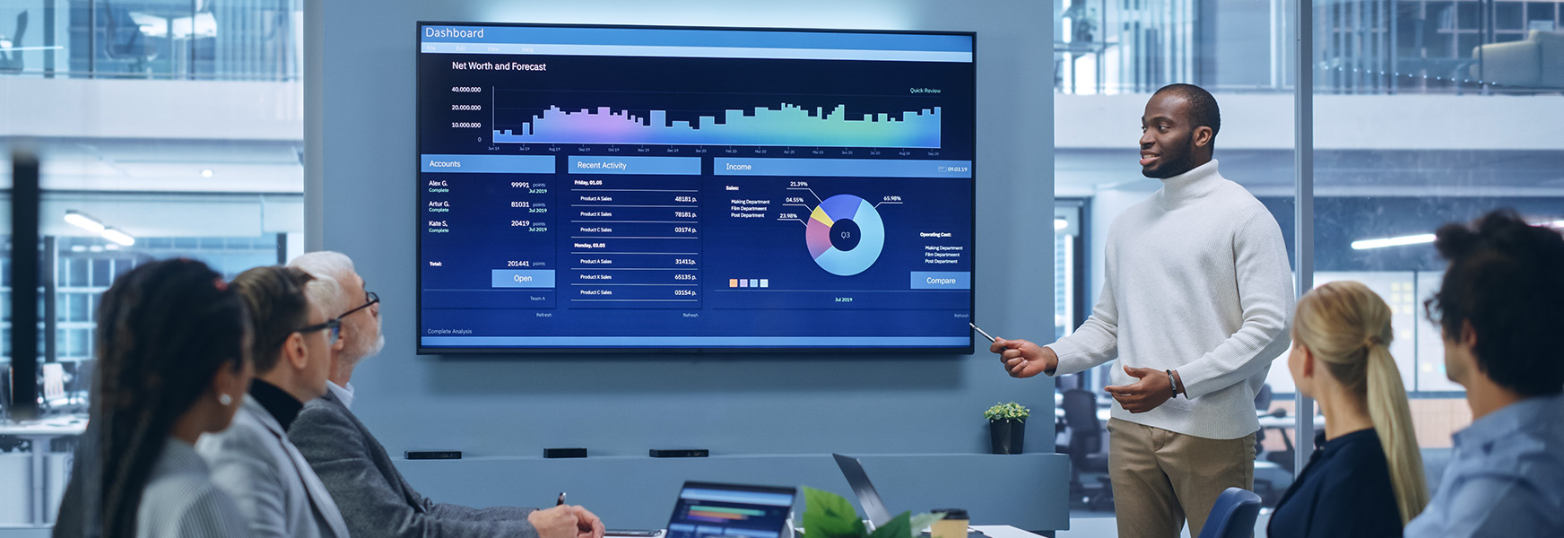 Man presenting data charts to office coworkers