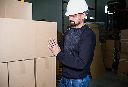 Factory worker stacking boxes