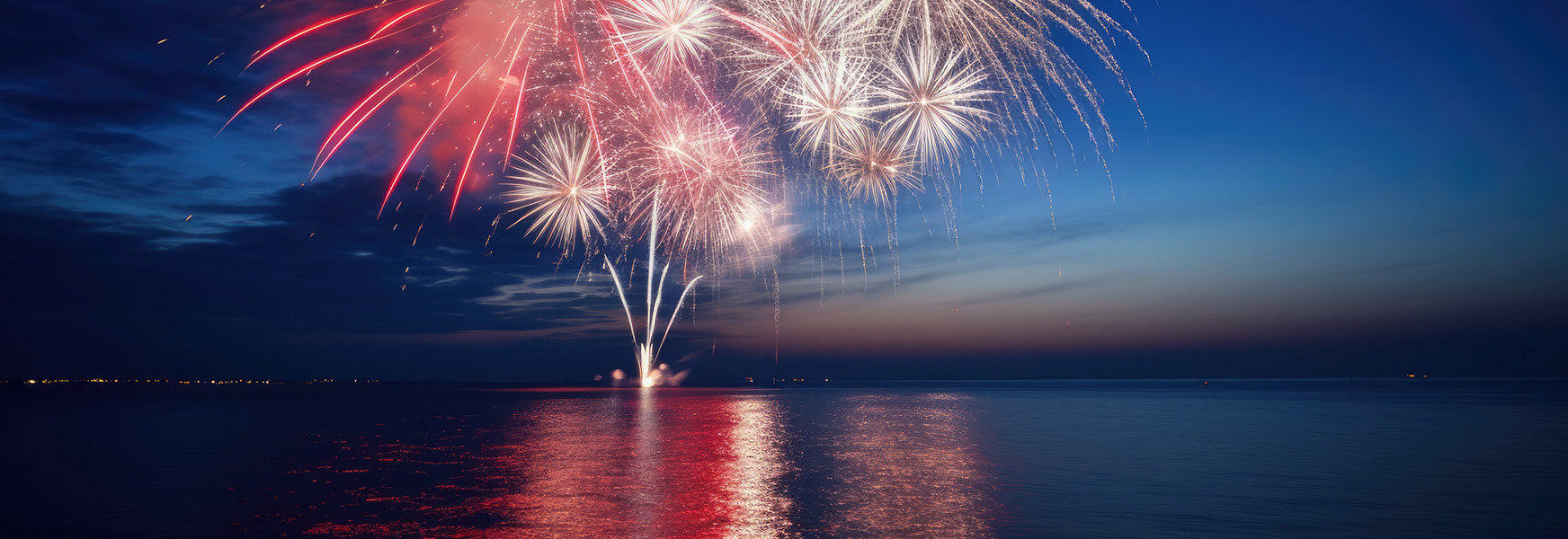 July 4 Fireworks Celebration over calm lake