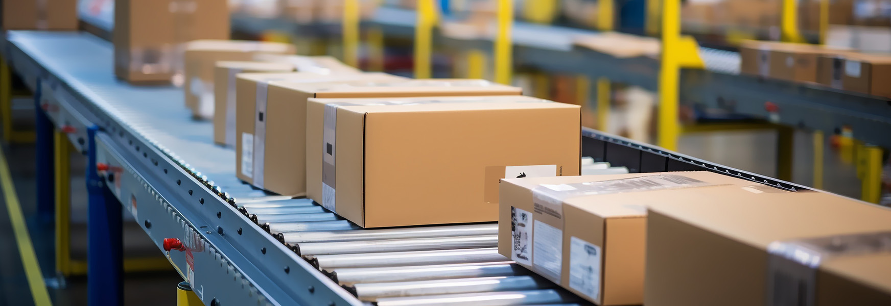 boxes on conveyor belt in distribution facility