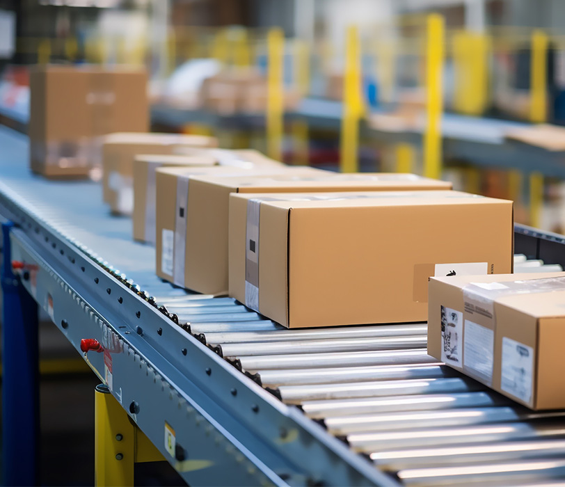 boxes on conveyor belt in distribution facility