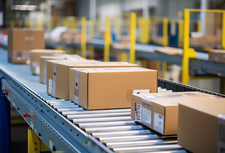 boxes on conveyor belt in distribution facility