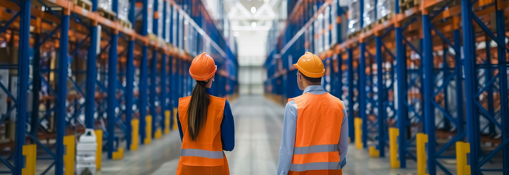 Workers standing in large, clean warehouse