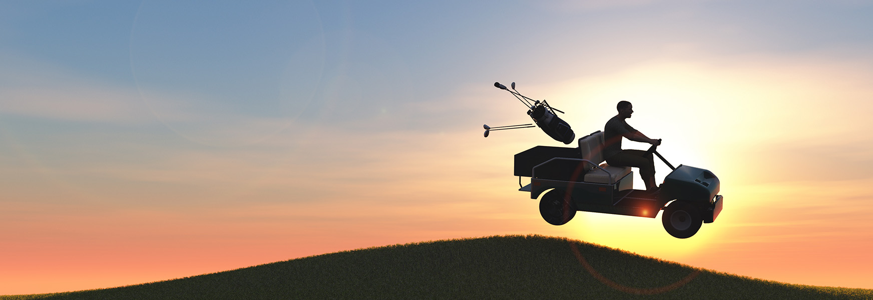 Man driving fast in a golf cart, jumping hills on a golf course, created in 3D software