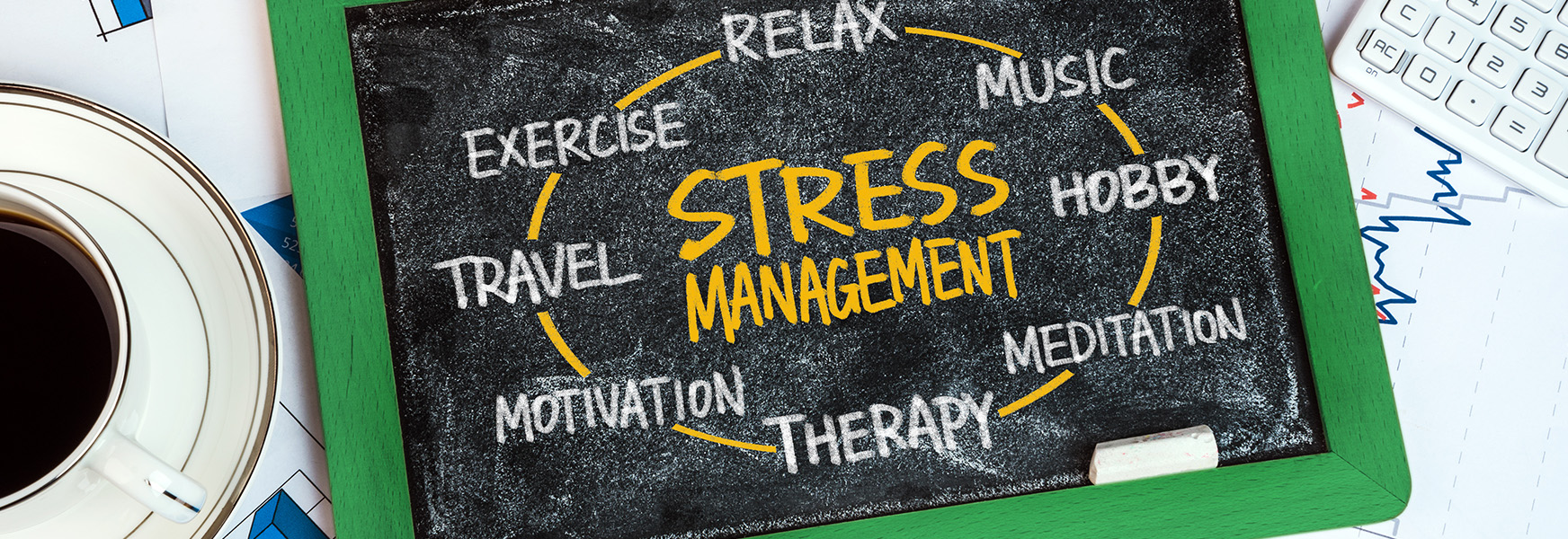 stress management tips written on a chalkboard