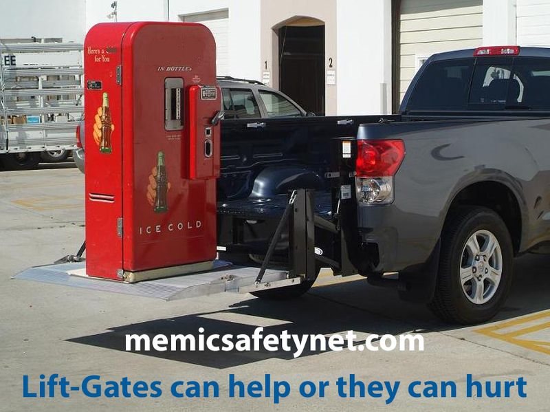 Lift-gate carrying a vending machine.