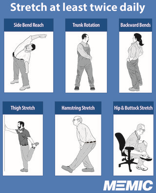 Stretches (left to right): side bend reach, trunk rotation, backward bends, thigh stretch, hamstring stretch, hip & buttock stretch.