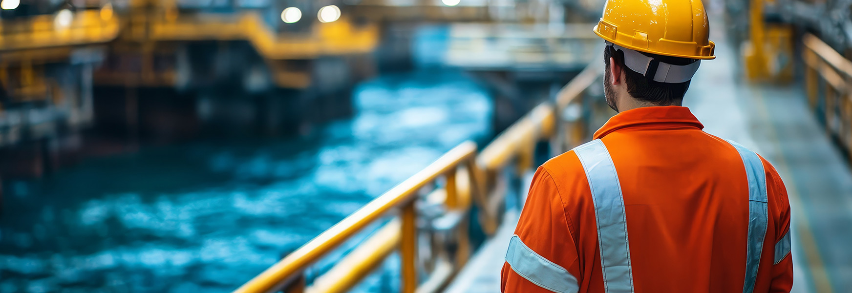 Worker standing on work platform over open water